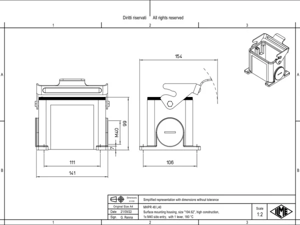 surface mounting housing, size 104.62, 180 °C alu, 1 lever, 1xM40 side