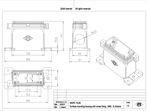 surface mounting housing, size 77.27, IP68 E-Xtreme alu, screw locking, 1xM40 side