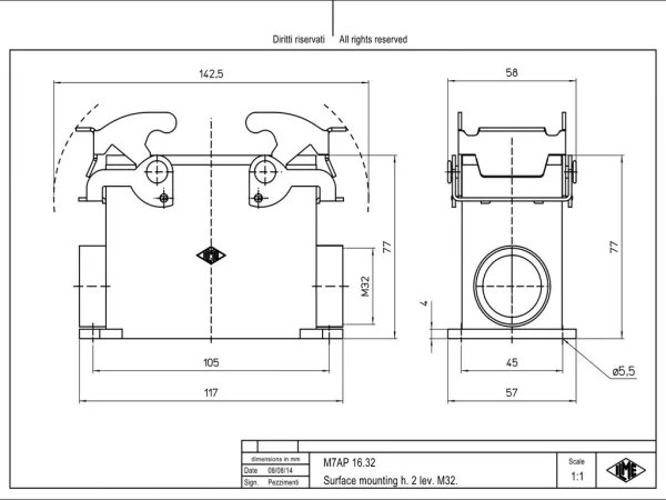 surface mounting housing, high, size 77.27, V-TYPE alu, 2 levers, 1xM32 side