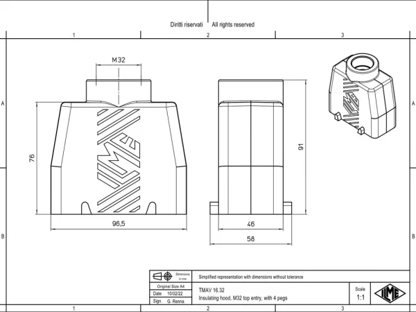hood, high, size 77.27, T-TYPE plastic, 4 pegs, 1xM32 top