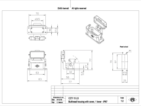 bulkhead mounting housing, size 49.16, CZ7 alu, 1 rigid lever, cover metal