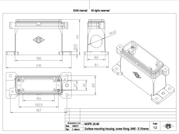 surface mounting housing, size 104.27, IP68 E-Xtreme alu, screw locking, 1xM40 side