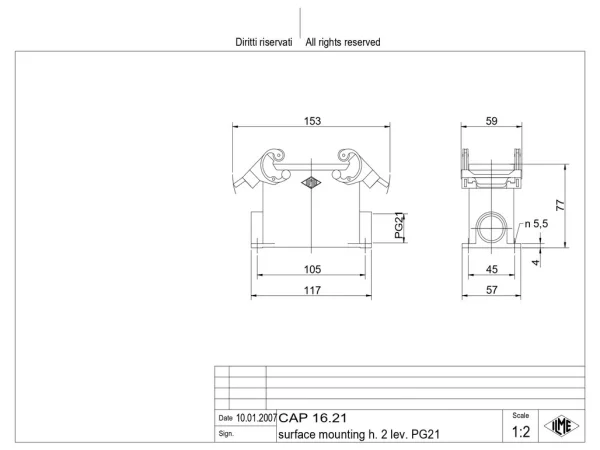 surface mounting housing, high, size 77.27, C-TYPE alu, 2 levers, 1xPG21 side