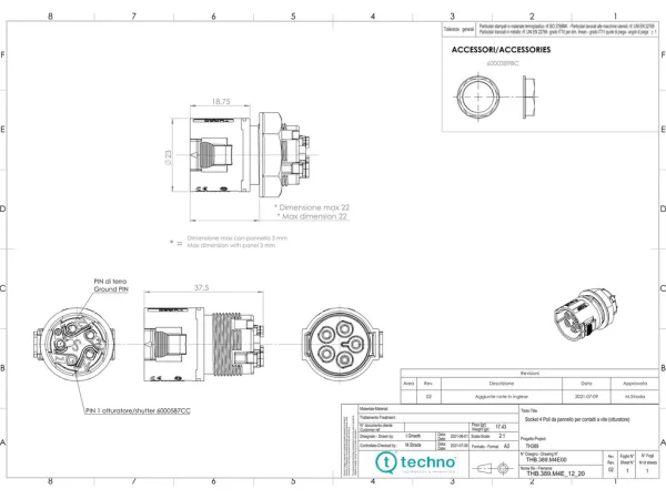 Mini socket connector panel-mounted 5p screw M20