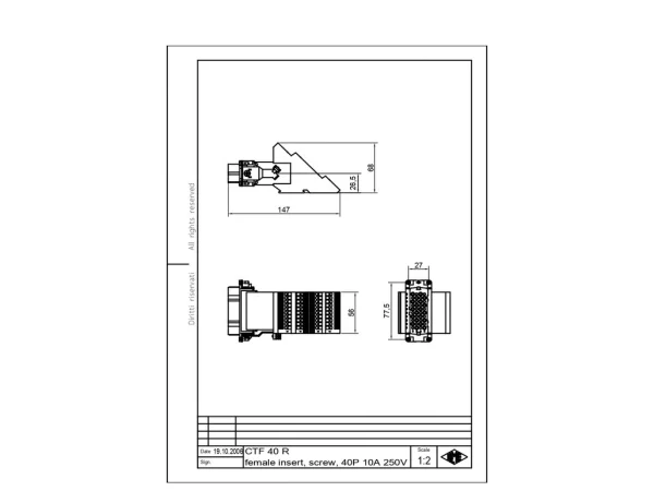 female insert, size 77.27, 40p+PE, silver, screw, 10A, 250V, right