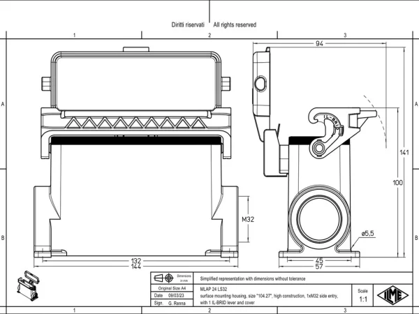 surface mounting housing, size 104.27, IL-BRID stainless steel, 1 lever, 1xM32 side