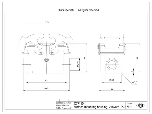 surface mounting housing, size 57.27, V-TYPE alu, 2 levers, 1xPG16 side