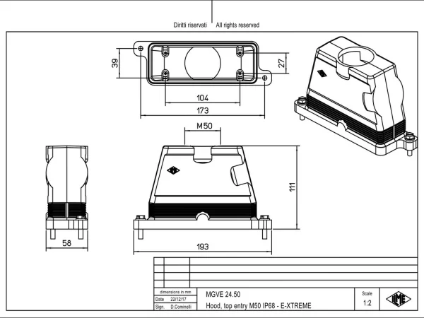 hood, size 104.27, IP68 E-Xtreme alu, screw locking, 1xM50 top