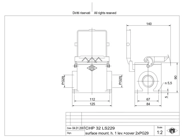 surface mounting housing, size 77.62, C-TYPE alu, 1 lever, 1xPG36 side, cov.