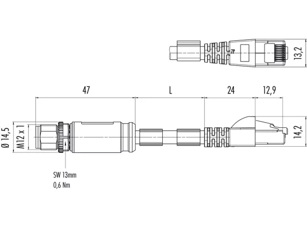 Connecting cable, male cable connector
