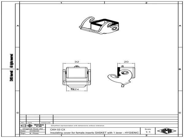 protection cover, size 21.21, CKH plastic, 1 lever, gasket, for female inserts, loop