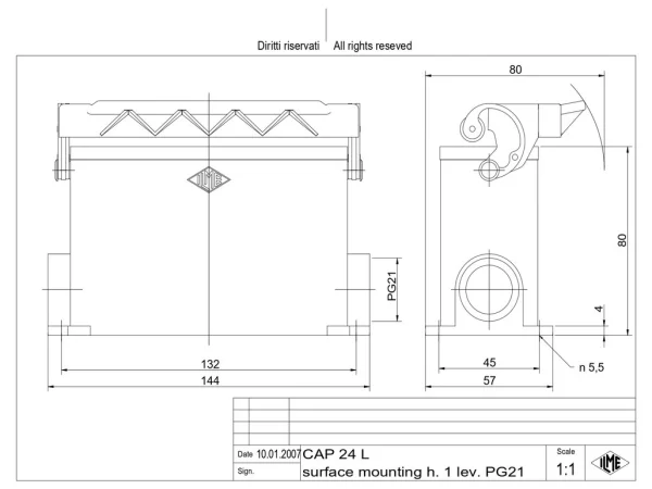 surface mounting housing, high, size 104.27, C-TYPE alu, 1 lever, 1xPG21 side