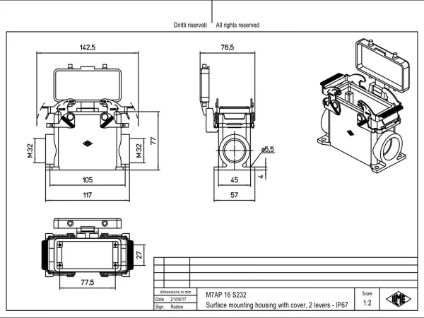 surface mounting housing, high, size 77.27, V-TYPE alu, 2 levers, 2xM32 side, cover metal