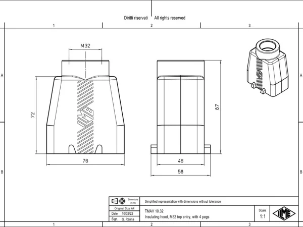 hood, high, size 57.27, T-TYPE plastic, 4 pegs, 1xM32 top