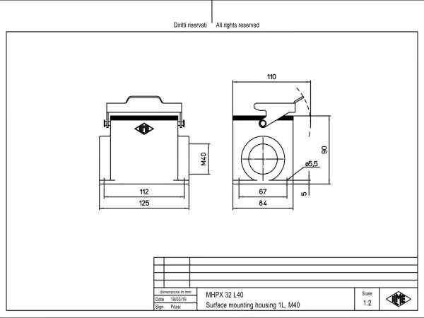surface mounting housing, size 77.62, C-TYPE alu, 1 rigid lever stainless steel, 1xM40 side