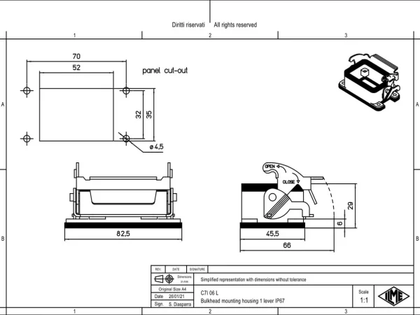 bulkhead mounting housing, size 44.27, V-TYPE alu, 1 lever