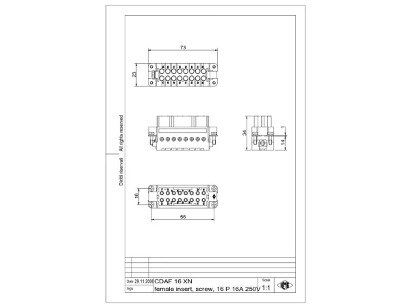 female insert, 16p+PE, silver, screw, 16A, 250V, for size 66.40 no.17-32