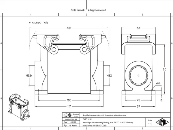 surface mounting housing, high, size 77.27, T-TYPE C plastic, 2 levers, 1xM32 side