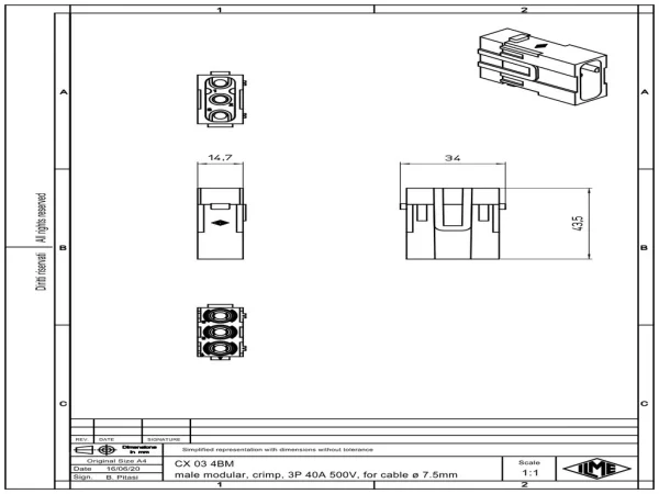 male insert, MIXO, 1MU, 3p, crimp, 40A, 500V