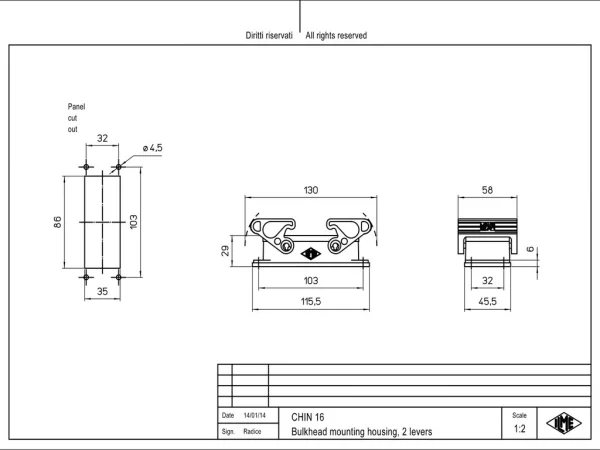 bulkhead mounting housing, size 77.27, LS-type alu, 2 levers