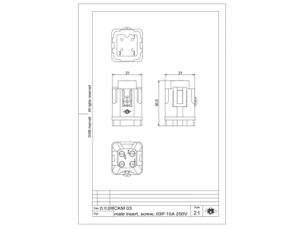 male insert, size 21.21, 3p+PE, silver, screw, 10A, 230/400V