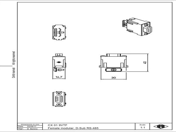 female insert, MIXO, 1MU, 9p, silver, screw, 5A, 50V, D-SUB, with T-connection