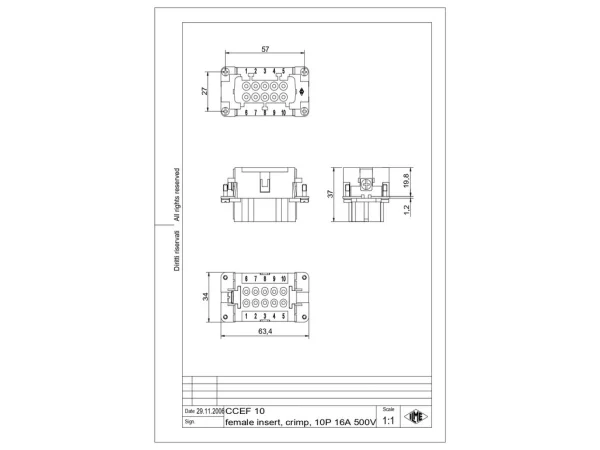 female insert, size 57.27, 10p+PE, crimp, 16A, 500V