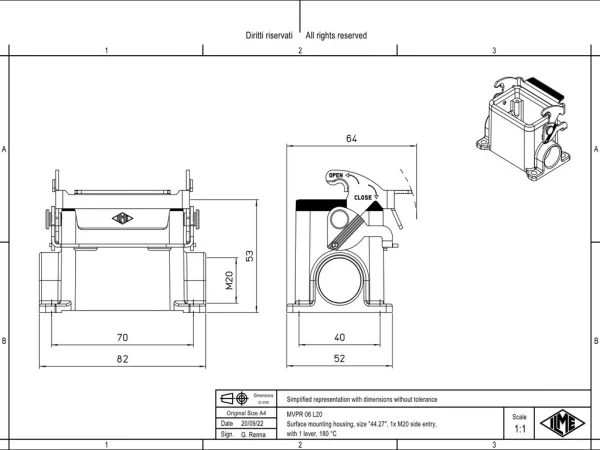 surface mounting housing, size 44.27, 180° alu, 1 lever, 1xM20 side