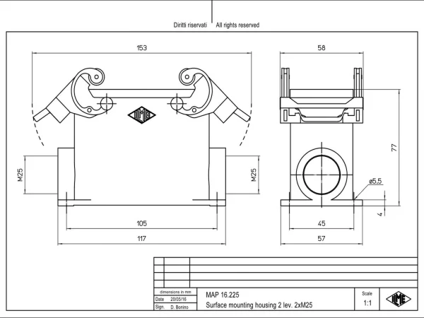 surface mounting housing, high, size 77.27, C-TYPE alu, 2 levers, 2xM25 side