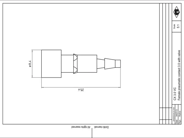 female contact, MIXO, 3,0mm internal, plug, pneumatic with closing valve