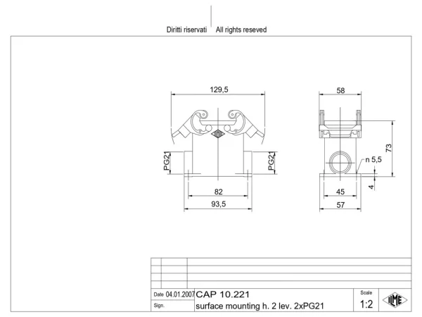 surface mounting housing, high, size 57.27, C-TYPE alu, 2 levers, 2xPG21 side