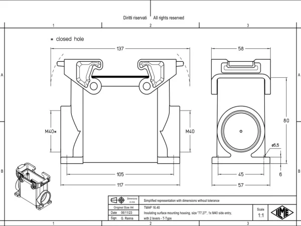 surface mounting housing, high, size 77.27, T-TYPE plastic, 2 levers, 1xM40 side
