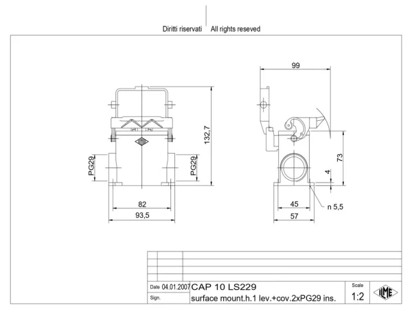 surface mounting housing, high, size 57.27, C-TYPE alu, 1 lever, 2xPG29 side, cov.