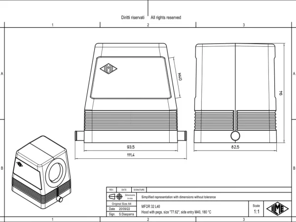hood, size 77.62, 180 °C alu, 2 pegs, 1xM40 side