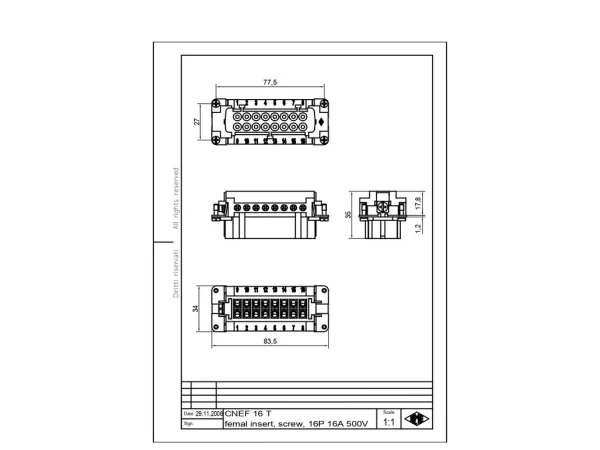 female insert, size 77.27, 16p+PE, silver, screw, 16A, 500V