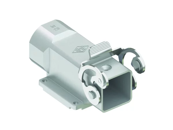 bulkhead mounting housing, angled, size 21.21, EMC zinc, 1 lever stainless steel, 1xM25 side, closed bottom