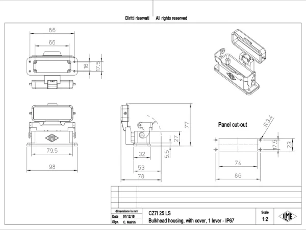 bulkhead mounting housing, size 66.16, CZ7 alu, 1 rigid lever, cover metal