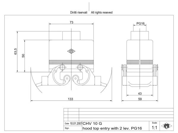 hood, size 57.27, C-TYPE alu, 2 levers, 1xPG16 top