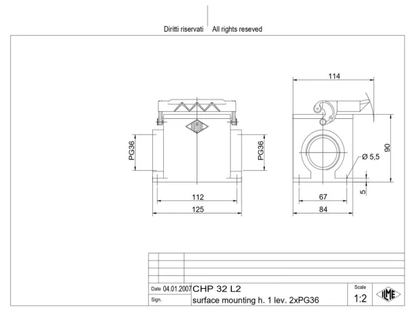 surface mounting housing, size 77.62, C-TYPE alu, 1 lever, 2xPG36 side