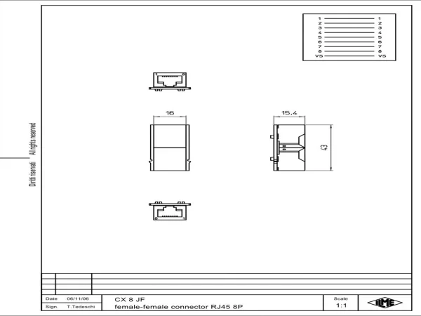 female contact, 8p+GND, 2,1A, 50V, RJ45