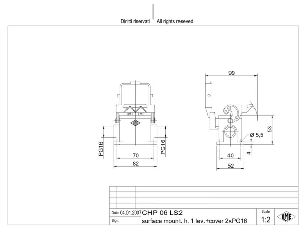 surface mounting housing, size 44.27, C-TYPE alu, 1 lever, 2xPG16 side, cov.