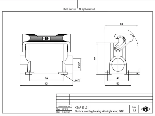 surface mounting housing, high, size 66.16, IL-BRID alu, 1 lever, 1xPG21 side