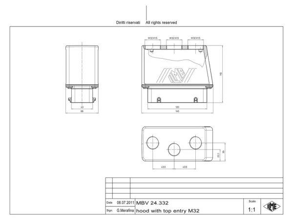 hood, size 104.27, BIG alu, 4 pegs, 3xM32 top, extended terminal compartment