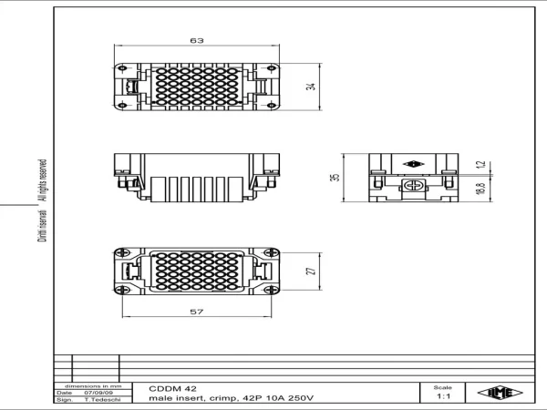 male insert, size 57.27, 42p+PE, crimp, 10A, 250V