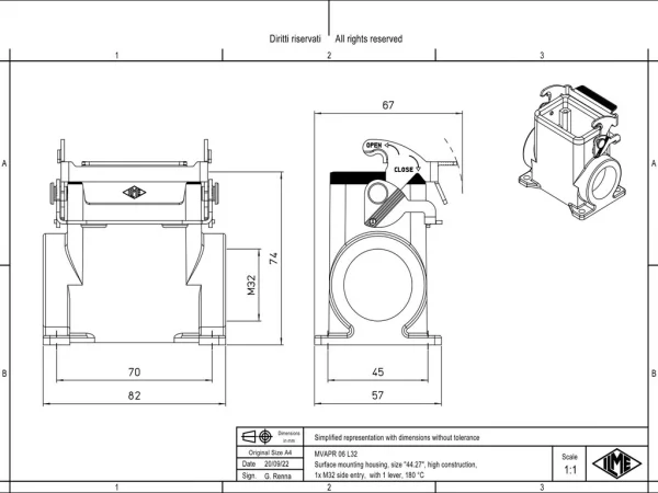 surface mounting housing, size 44.27, 180 °C alu, 1 lever, 1xM32 side