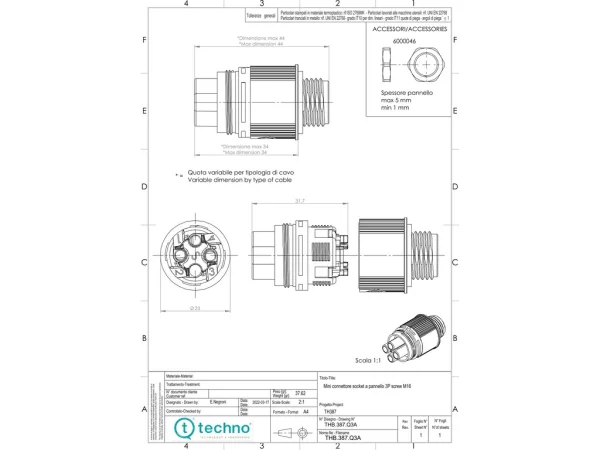 Mini socket connector panel-mounted, screw