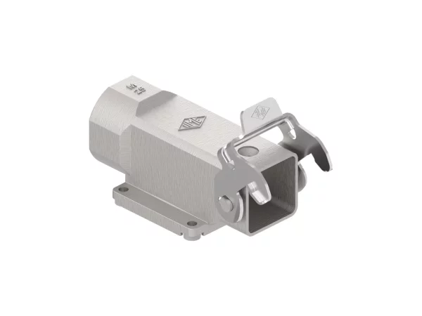 bulkhead mounting housing, angled, size 21.21, EMC zinc, 1 rigid lever stainless steel, 1xM25 side