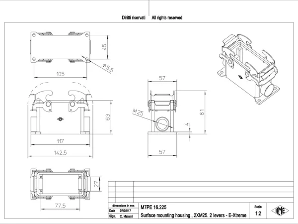 surface mounting housing, size 77.27, E-Xtreme alu, 2 levers, 2xM25 side