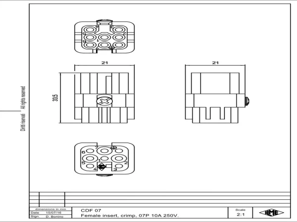 female insert, size 21.21, 7p+PE, crimp, 10A, 250V