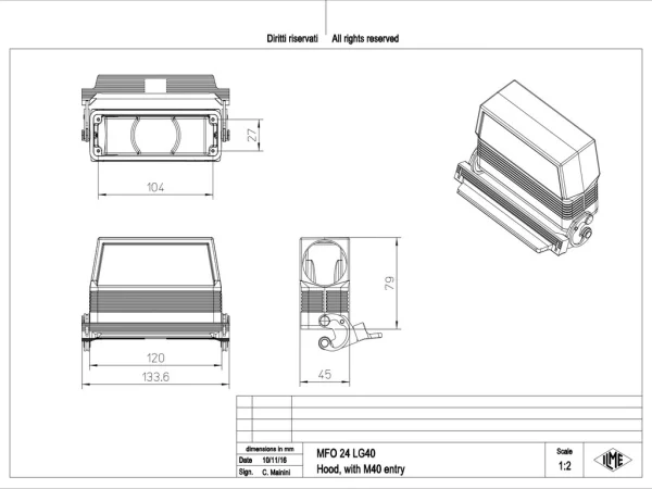 hood, high, size 104.27, C-TYPE alu, 1 lever, 1xM40 side, no adaptor
